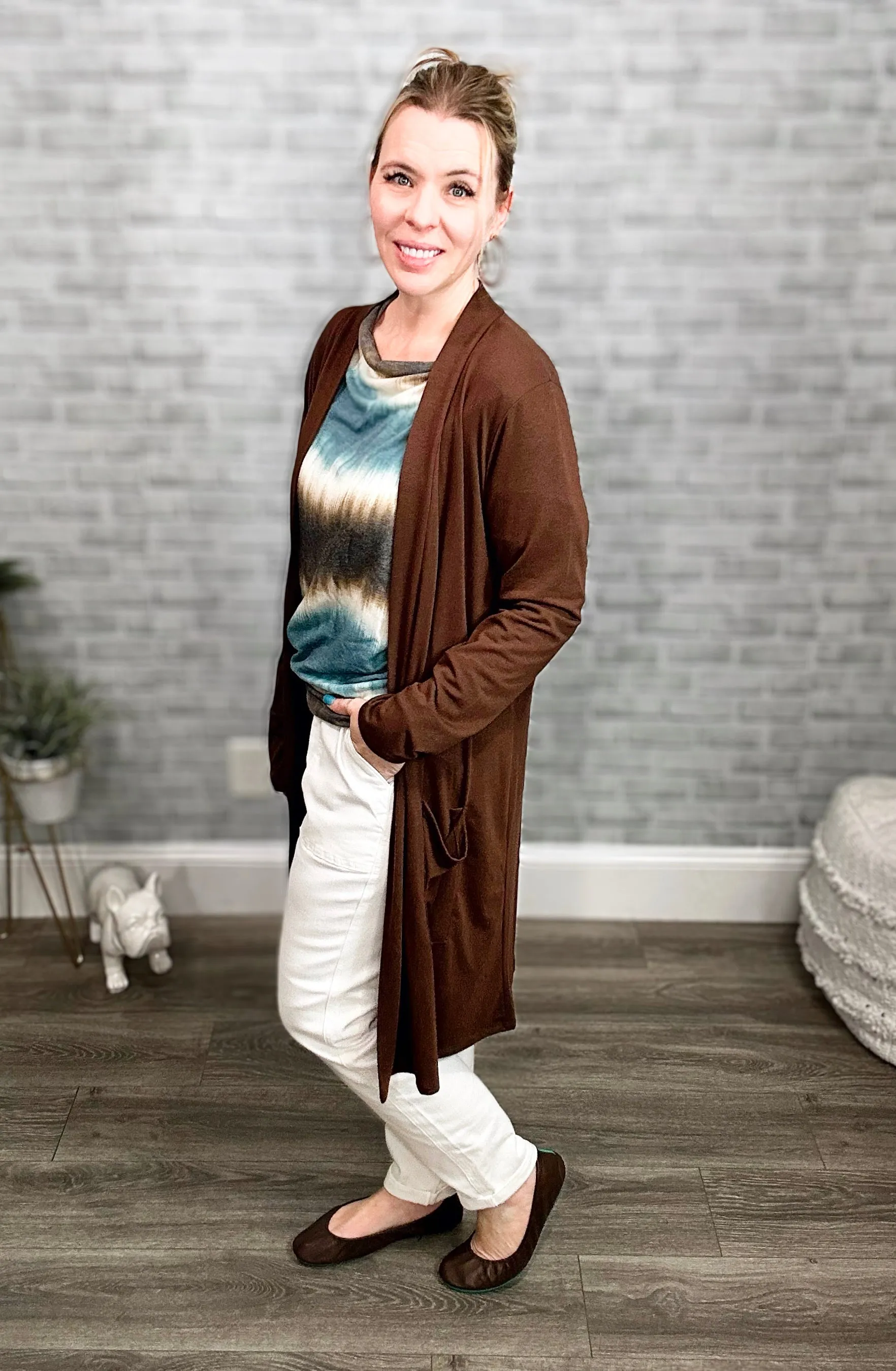 "Slouchy Pocket" Thigh Length Cardi - Americano Brown