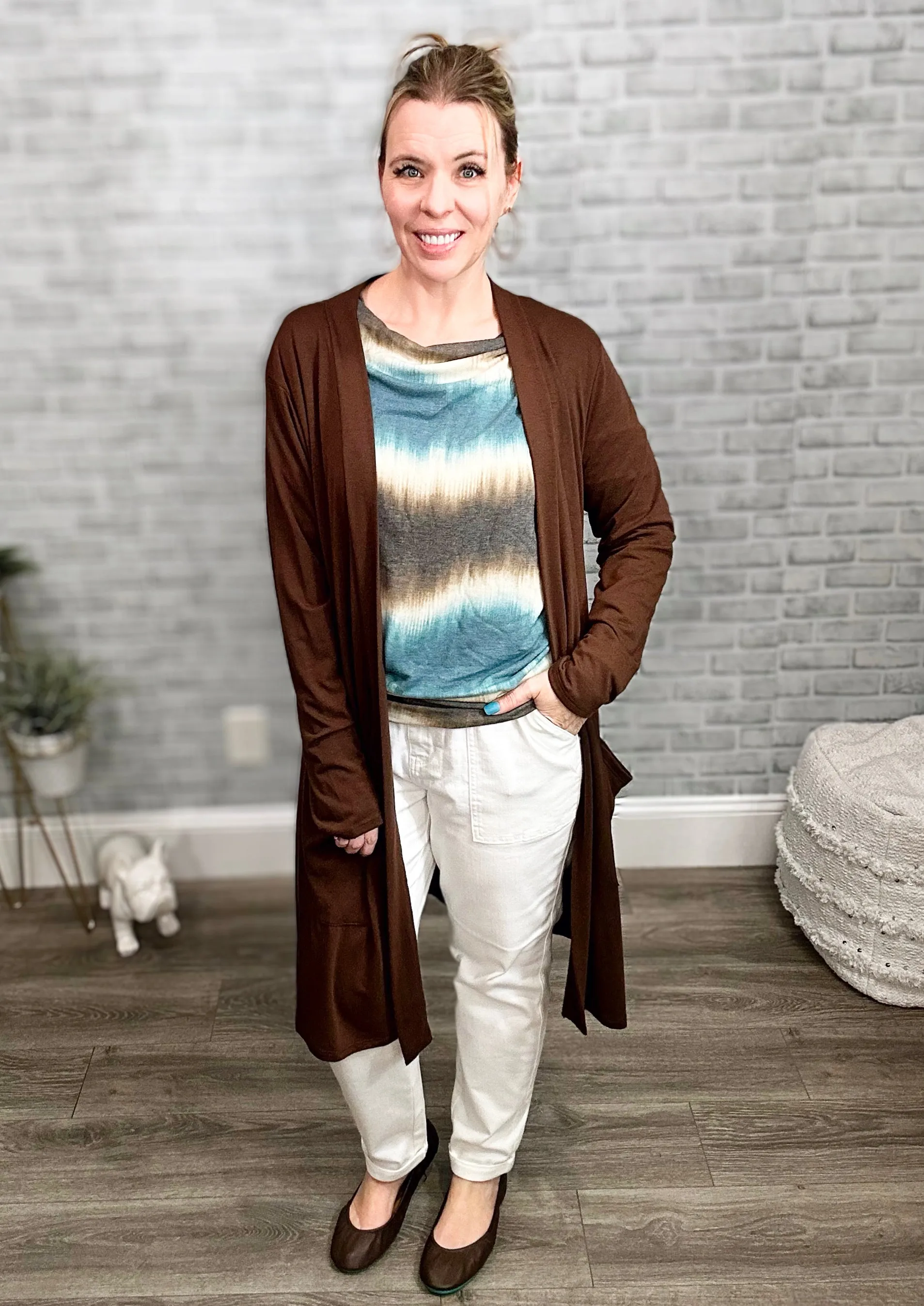 "Slouchy Pocket" Thigh Length Cardi - Americano Brown