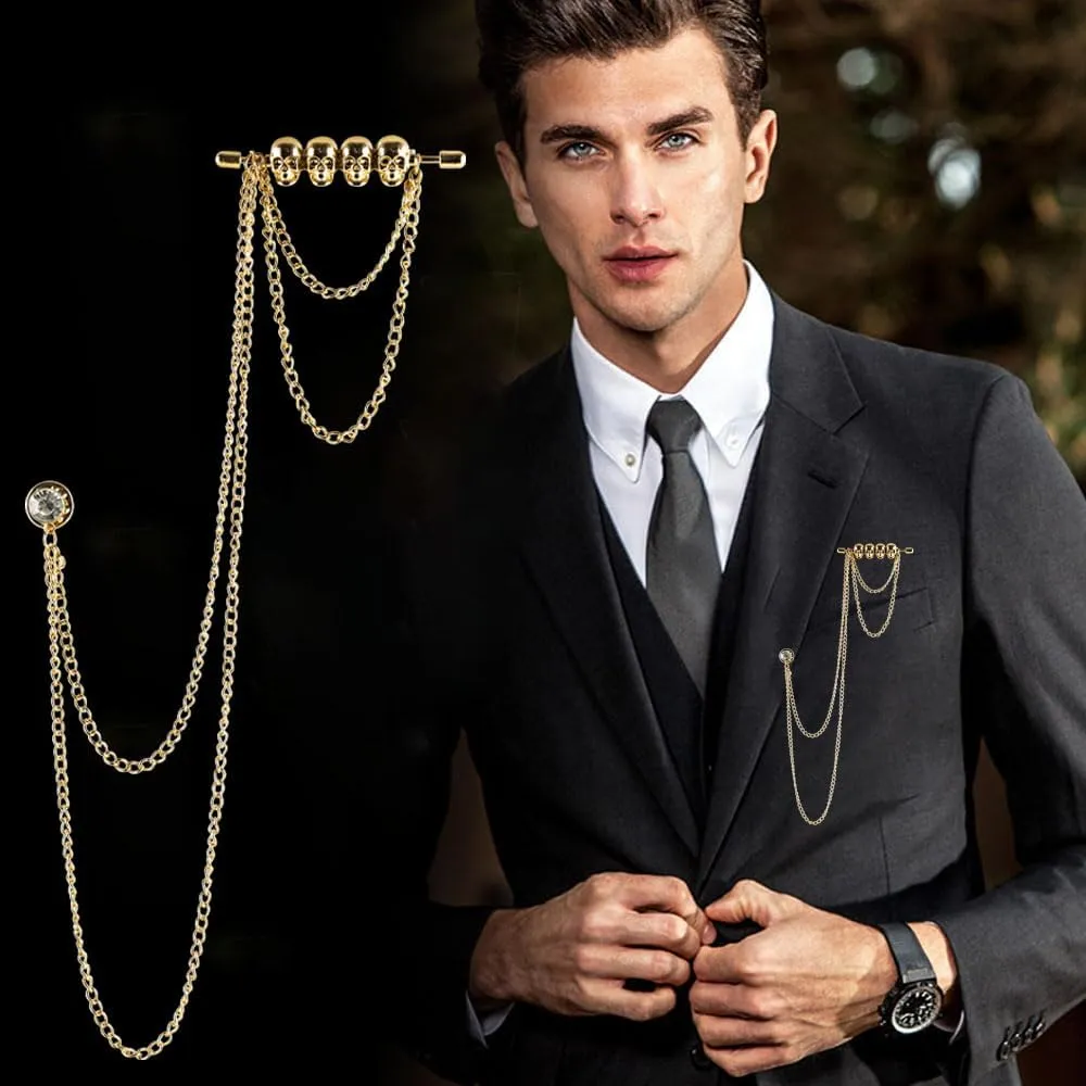 Retro Skull Suit Pin with Double Hanging Chains Brooch Collar Lapel Pin for Men Shirt Suit Tuxedo Tie Punk Coat Stud Badge Brooch Tassel Suit Accessories Jewelry Pin Clips