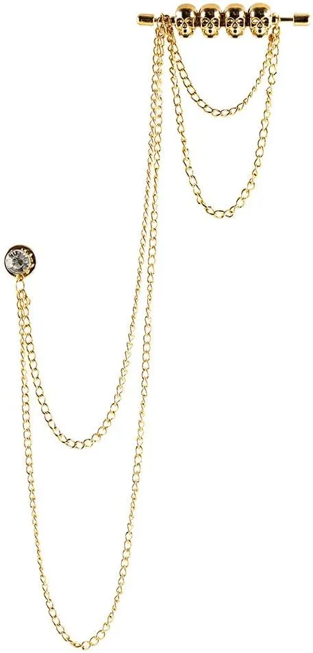 Retro Skull Suit Pin with Double Hanging Chains Brooch Collar Lapel Pin for Men Shirt Suit Tuxedo Tie Punk Coat Stud Badge Brooch Tassel Suit Accessories Jewelry Pin Clips