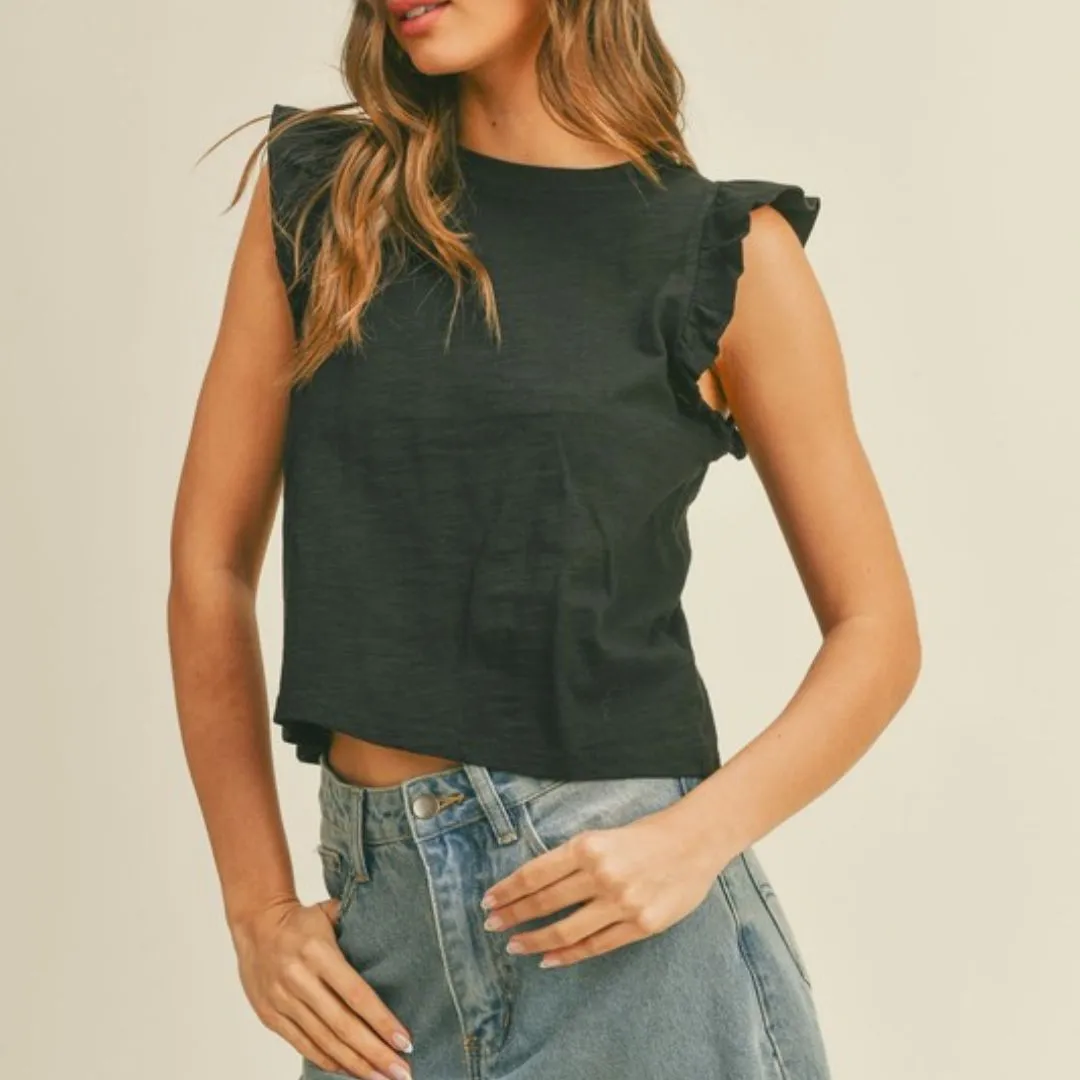 Round Neck Ruffled Sleeve Top (Black)