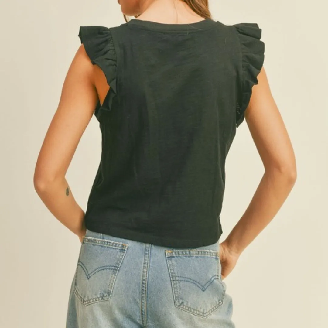 Round Neck Ruffled Sleeve Top (Black)
