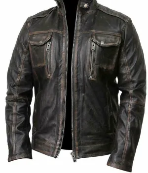 Spine Spark Café Racer Waxed Multi Pockets Biker Leather Jacket