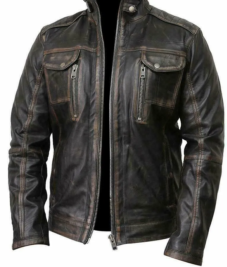 Spine Spark Café Racer Waxed Multi Pockets Biker Leather Jacket