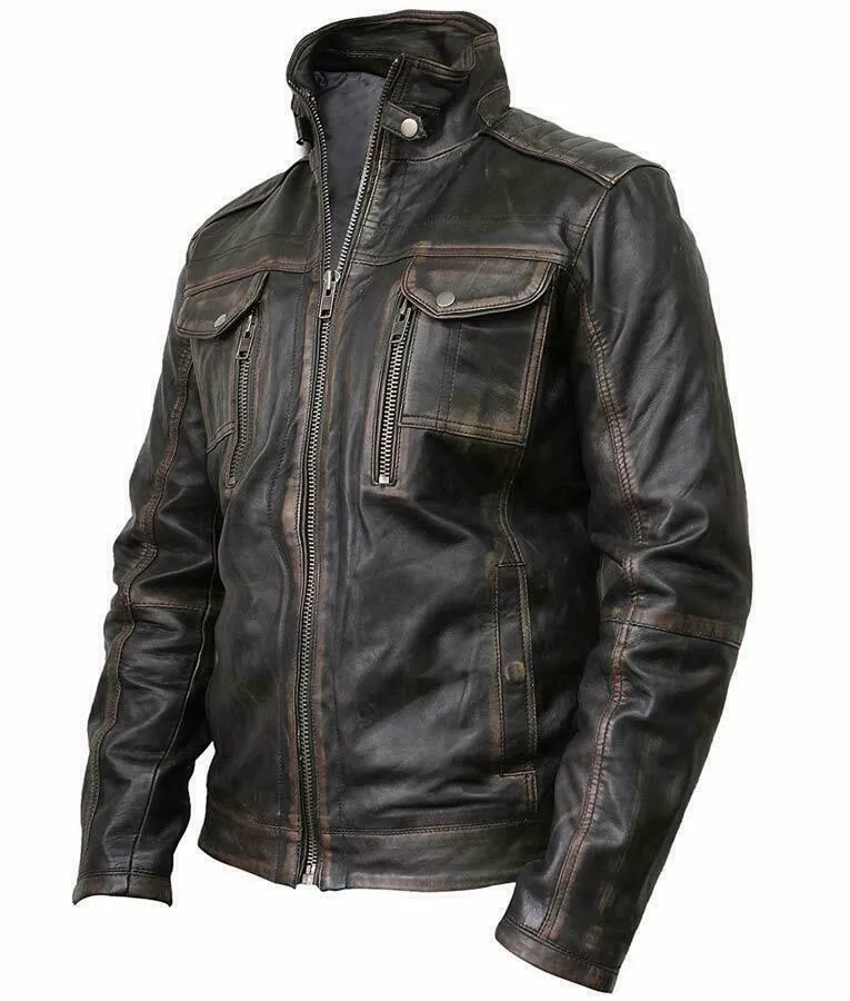 Spine Spark Café Racer Waxed Multi Pockets Biker Leather Jacket