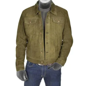 Spine Spark Men's Green Soft Suede Leather Trucker Style Jacket