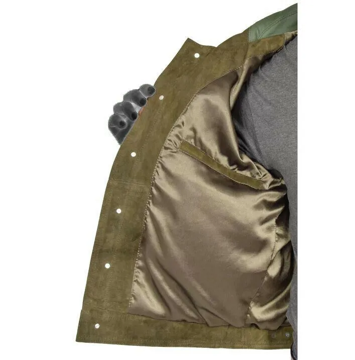Spine Spark Men's Green Soft Suede Leather Trucker Style Jacket