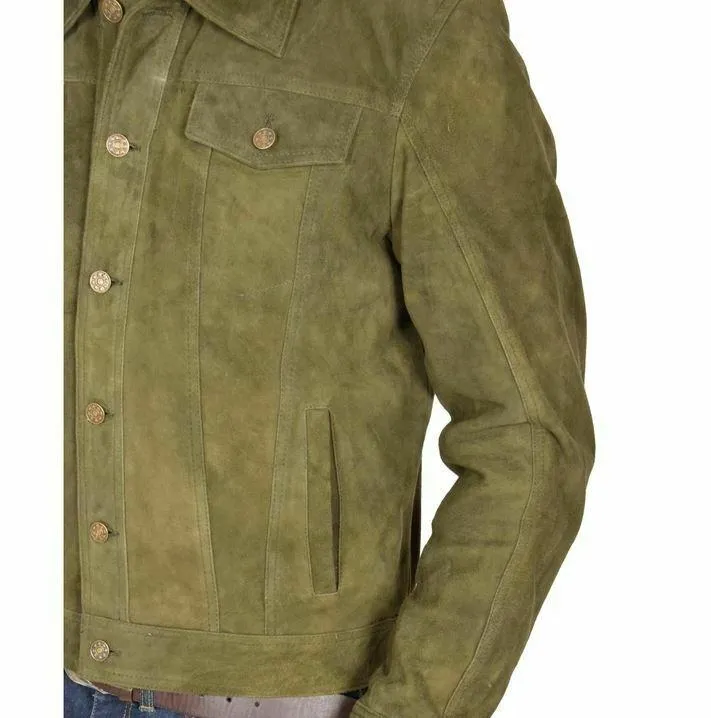 Spine Spark Men's Green Soft Suede Leather Trucker Style Jacket