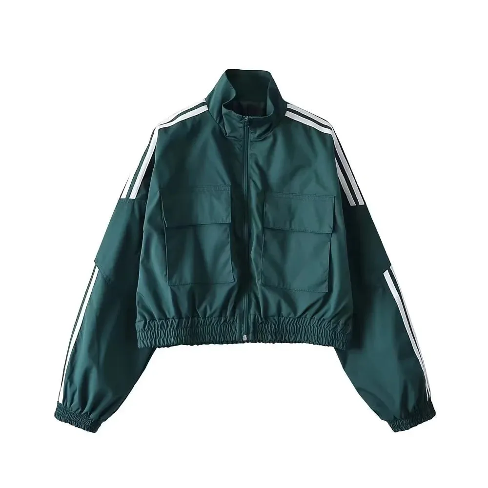 Striped Sleeve Zip Up Wind Breaker Jacket
