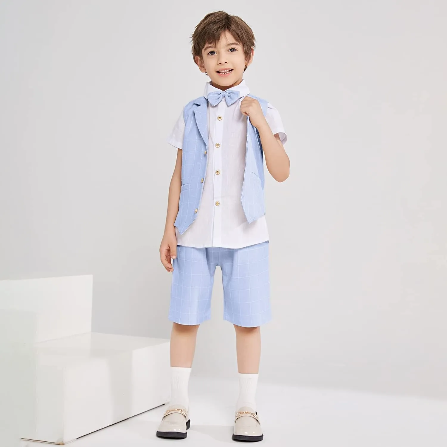 Summer Boys Suit Dress Clothes Kids Wedding Ring Bearer Outfit 4Pcs Shirt Vest Shorts Set