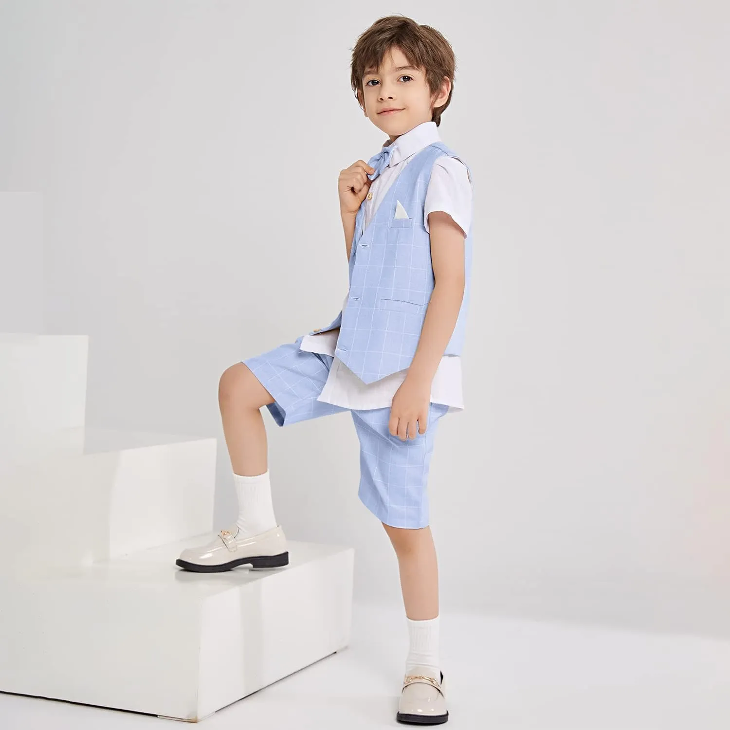 Summer Boys Suit Dress Clothes Kids Wedding Ring Bearer Outfit 4Pcs Shirt Vest Shorts Set