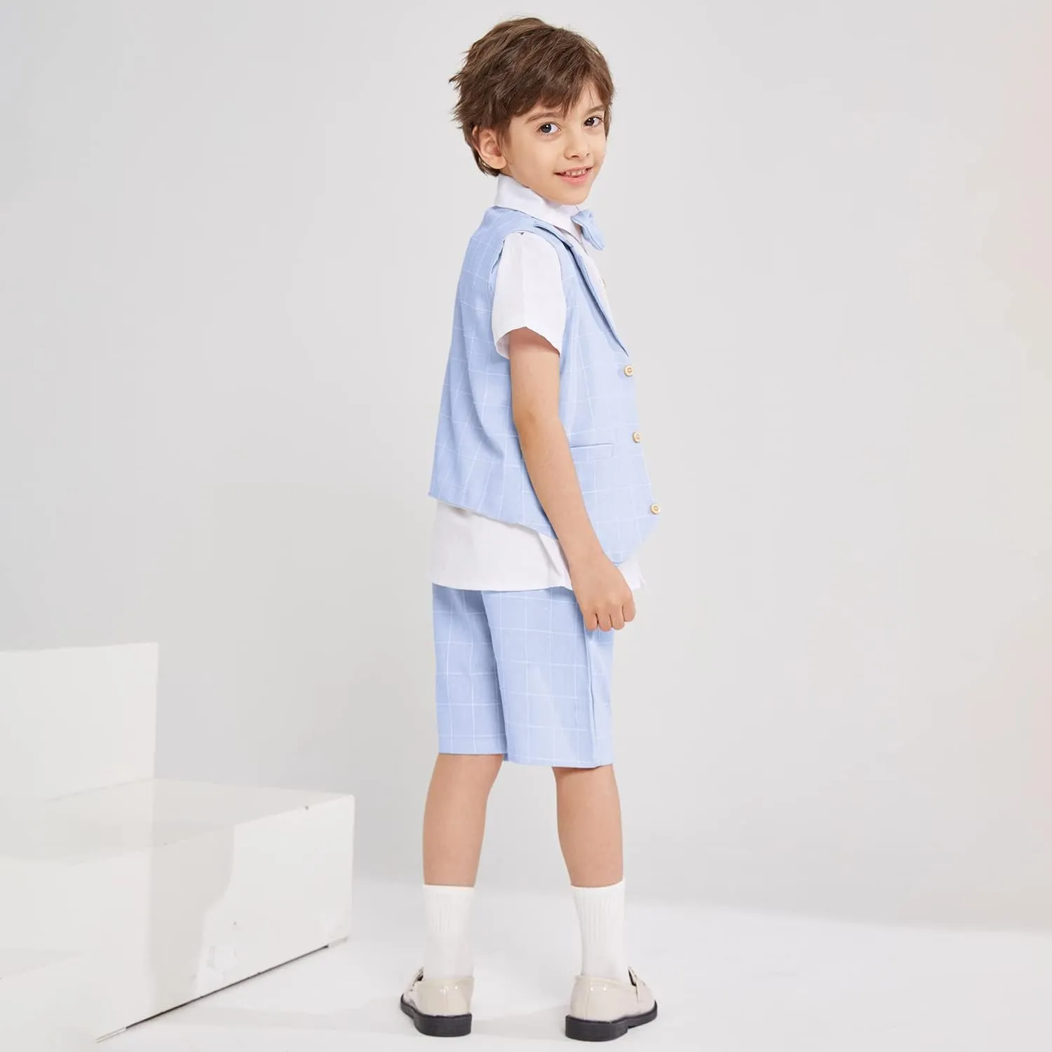 Summer Boys Suit Dress Clothes Kids Wedding Ring Bearer Outfit 4Pcs Shirt Vest Shorts Set