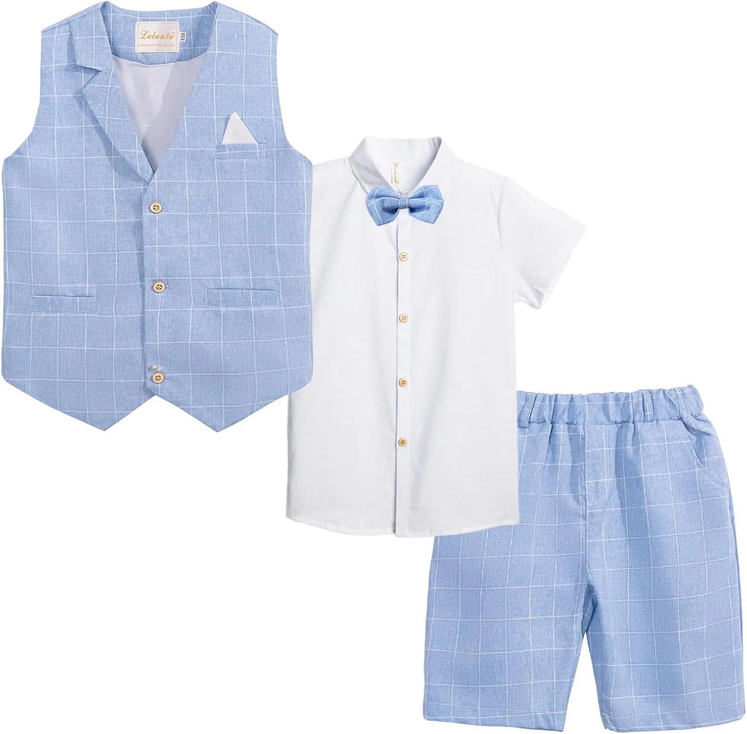Summer Boys Suit Dress Clothes Kids Wedding Ring Bearer Outfit 4Pcs Shirt Vest Shorts Set