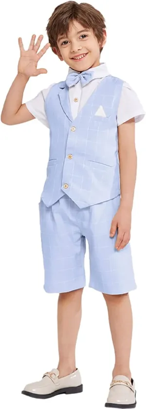 Summer Boys Suit Dress Clothes Kids Wedding Ring Bearer Outfit 4Pcs Shirt Vest Shorts Set