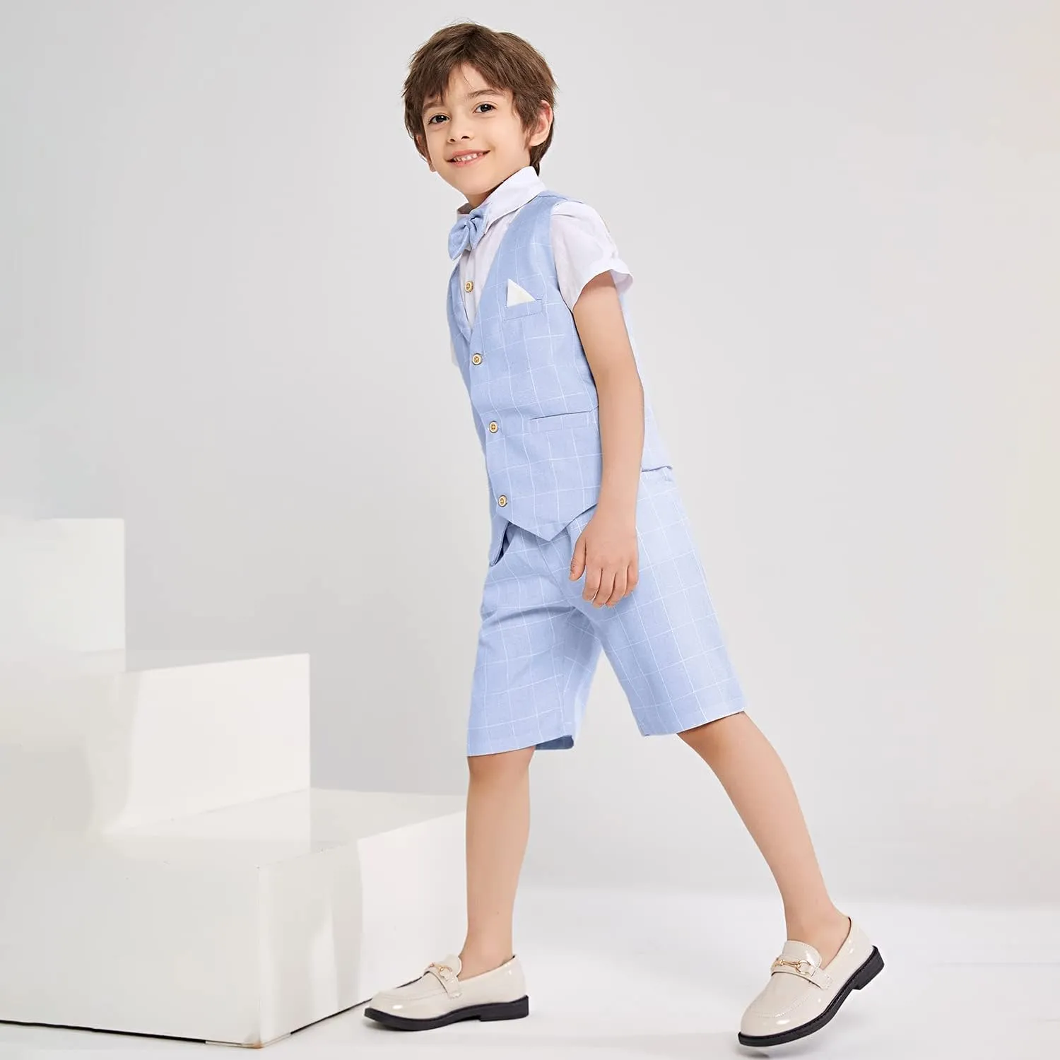 Summer Boys Suit Dress Clothes Kids Wedding Ring Bearer Outfit 4Pcs Shirt Vest Shorts Set