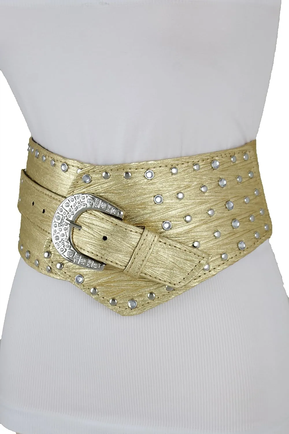 TFJ Women Wide Western Faux Leather Belt Hip Silver Studs Bling Buckle XS S M L XL