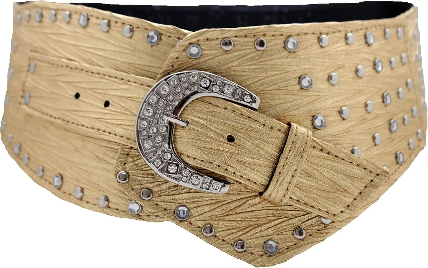 TFJ Women Wide Western Faux Leather Belt Hip Silver Studs Bling Buckle XS S M L XL