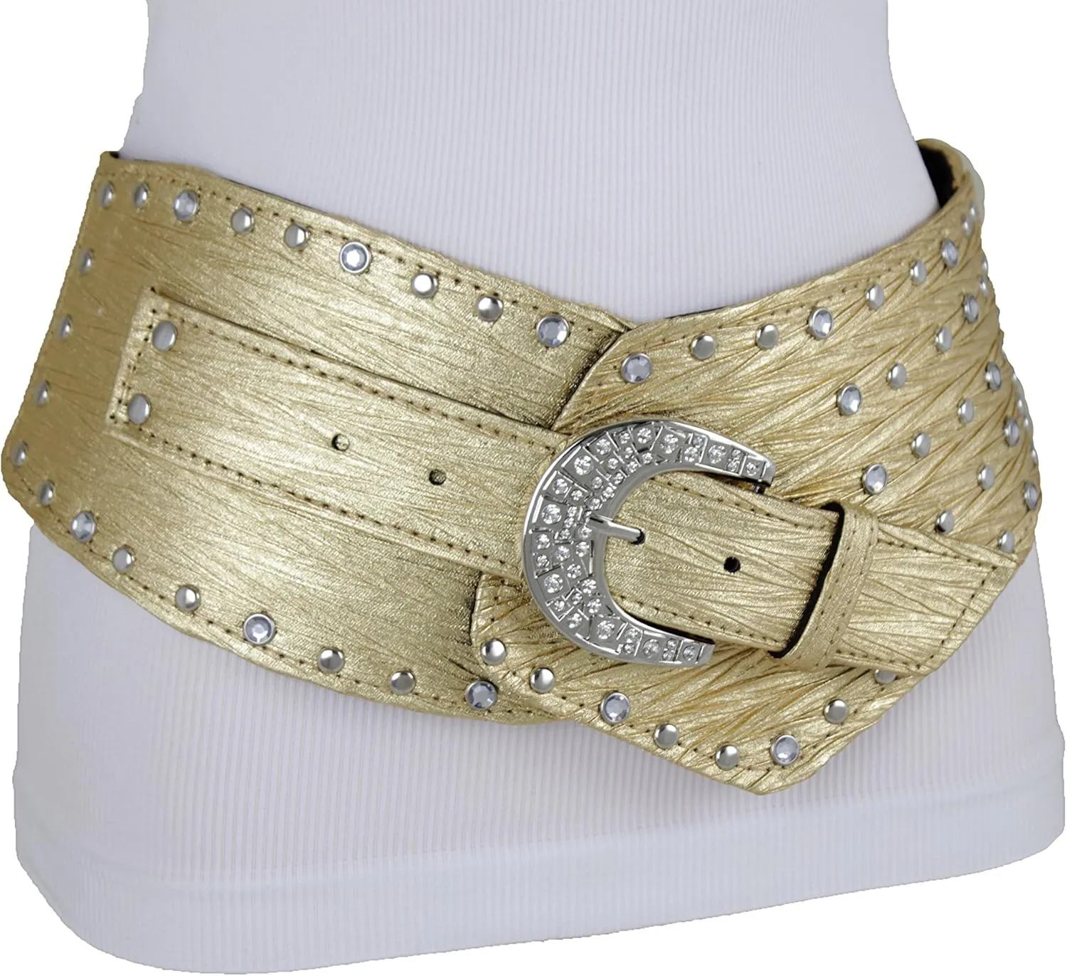 TFJ Women Wide Western Faux Leather Belt Hip Silver Studs Bling Buckle XS S M L XL