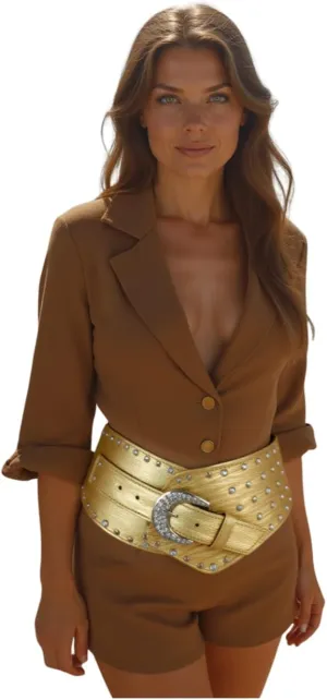 TFJ Women Wide Western Faux Leather Belt Hip Silver Studs Bling Buckle XS S M L XL