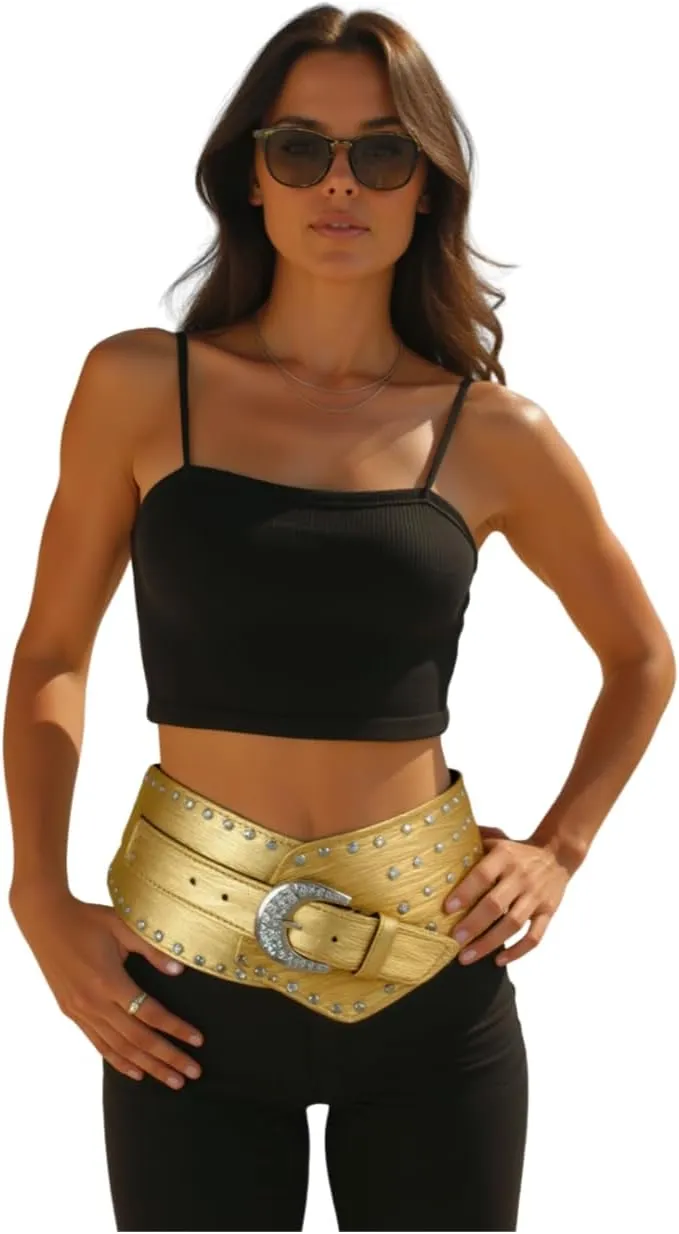 TFJ Women Wide Western Faux Leather Belt Hip Silver Studs Bling Buckle XS S M L XL