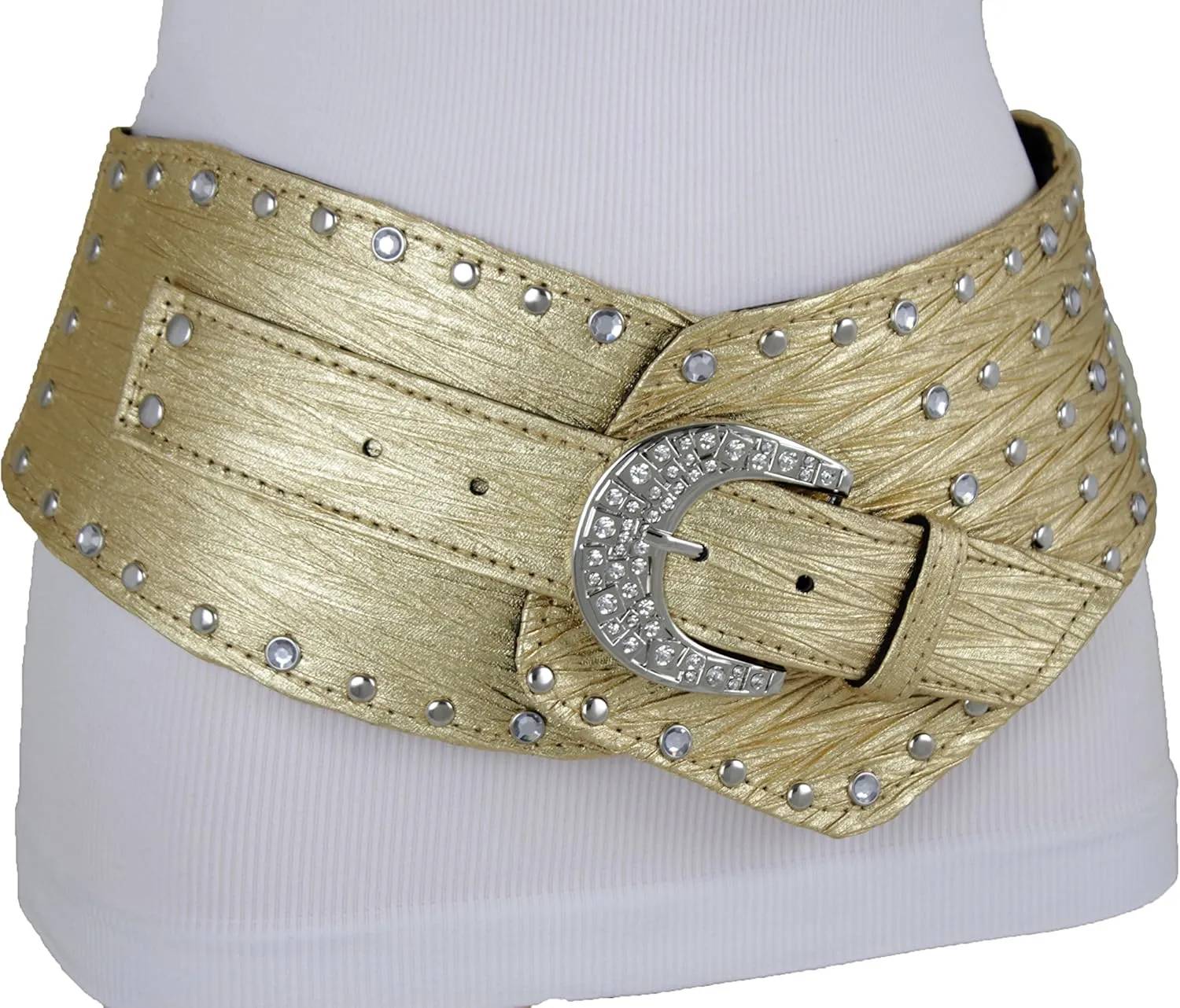 TFJ Women Wide Western Faux Leather Belt Hip Silver Studs Bling Buckle XS S M L XL