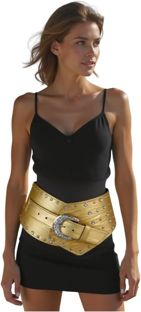 TFJ Women Wide Western Faux Leather Belt Hip Silver Studs Bling Buckle XS S M L XL