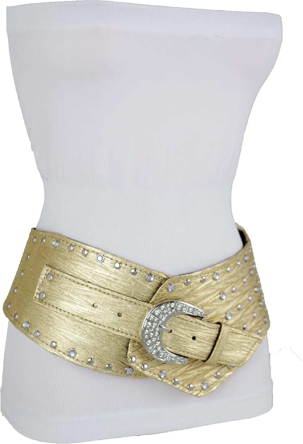 TFJ Women Wide Western Faux Leather Belt Hip Silver Studs Bling Buckle XS S M L XL
